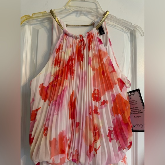NEW Floral Printed White Maxi Cocktail Dress NWT Halter Pleated Gown Pink Orange - Picture 4 of 9